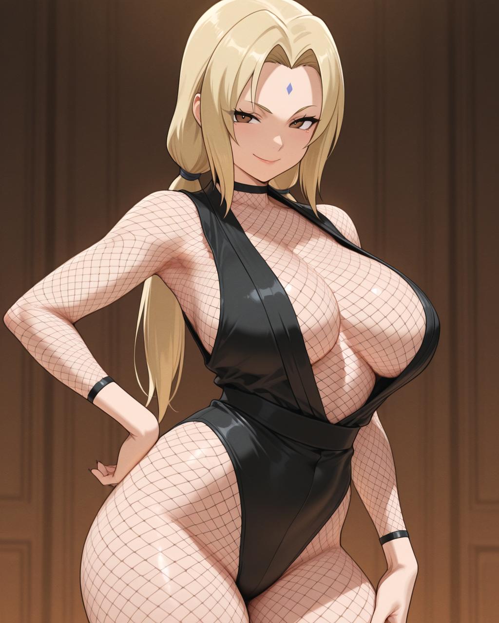 全身ぴっちり網ボディスーツ姿の綱手（NARUTO）の二次創作イラスト