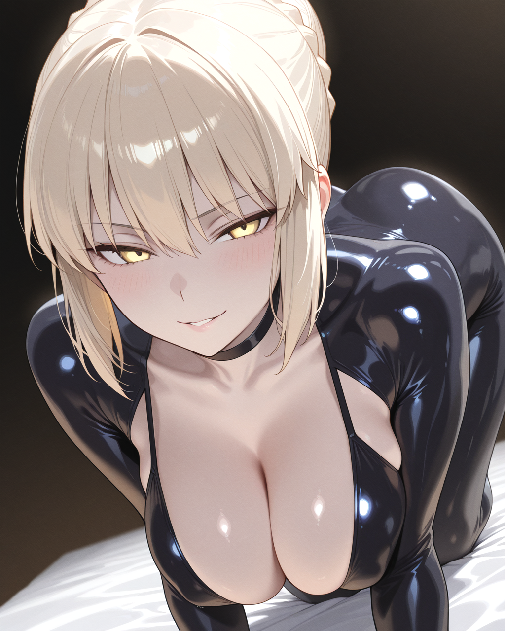 Saber Alter (FGO) in a latex suit with deep cleavage, on all fours — fanart / 胸元の開いたラテックススーツのセイバーオルタが四つん這いの二次創作イラスト